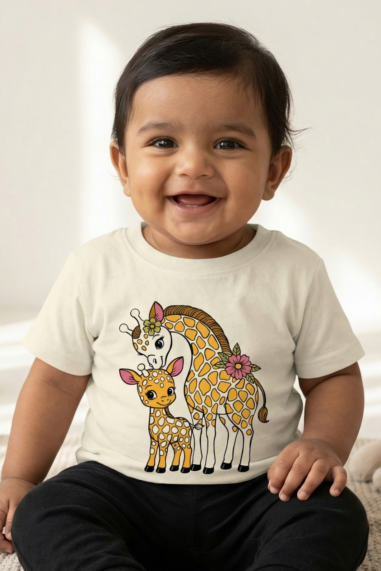 Child wearing a white t-shirt with a giraffe design sitting on a bed.