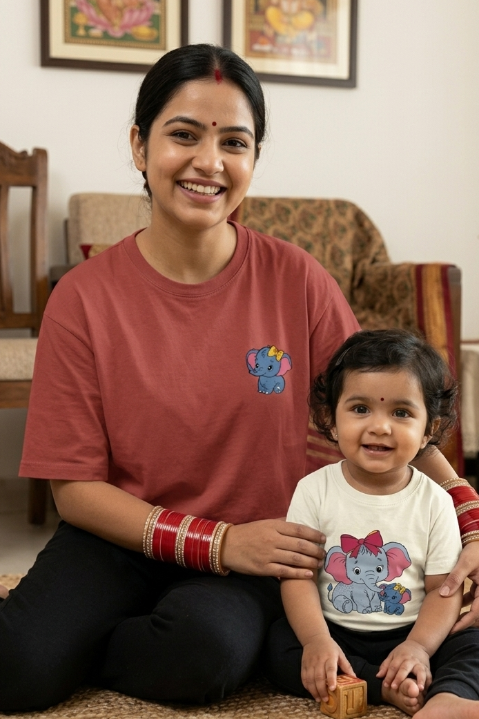 Woman and child sitting on the floor in a home setting wearing matching dress