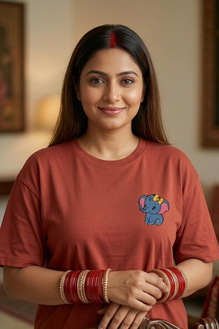 Woman wearing a red t-shirt with a small graphic, sitting indoors.
