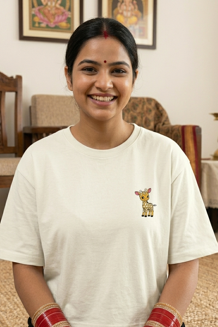 Woman wearing a white t-shirt with a giraffe design in a home setting