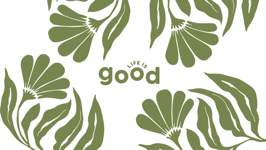 A graphic design featuring a repeating pattern of olive green stylized flowers and leaves on a white background, with the text 'LIFE IS good' centered in the middle.