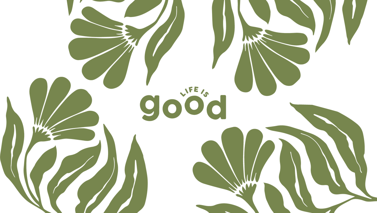 A graphic design featuring a repeating pattern of olive green stylized flowers and leaves on a white background, with the text 'LIFE IS good' centered in the middle.