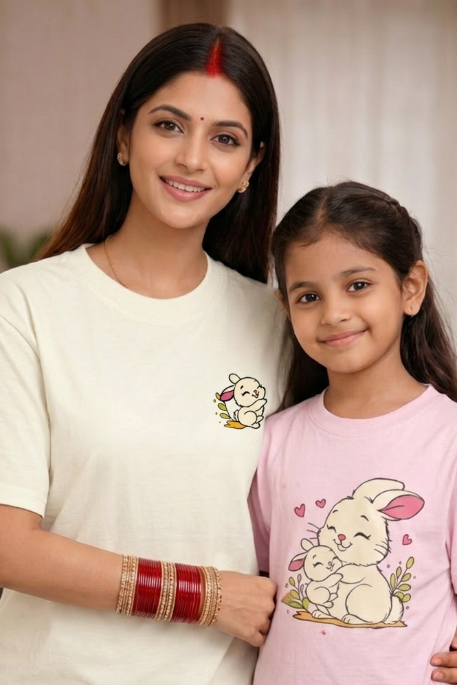 Woman and young girl wearing matching t-shirts with cartoon designs.