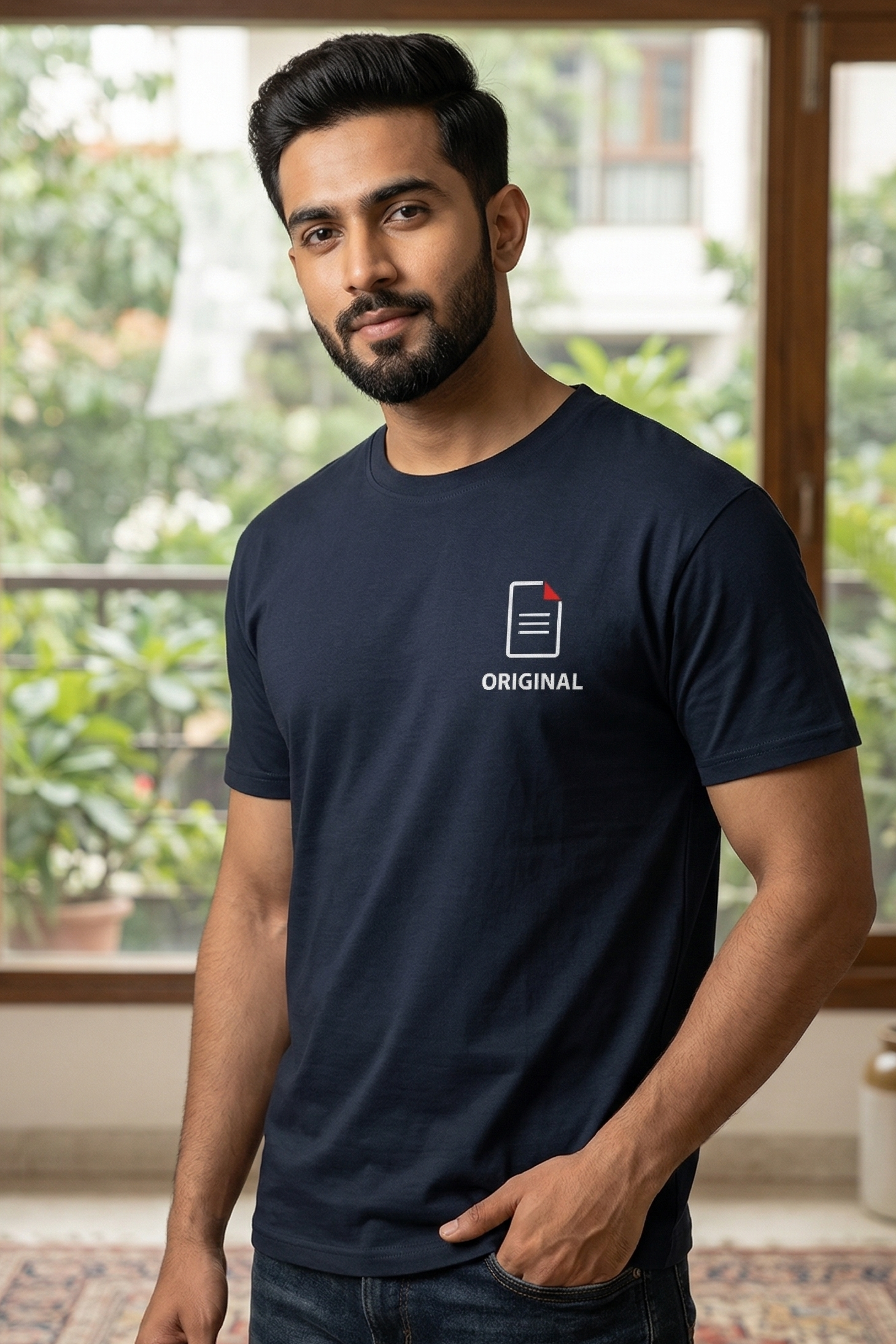 Man wearing a navy blue t-shirt with a matching design.