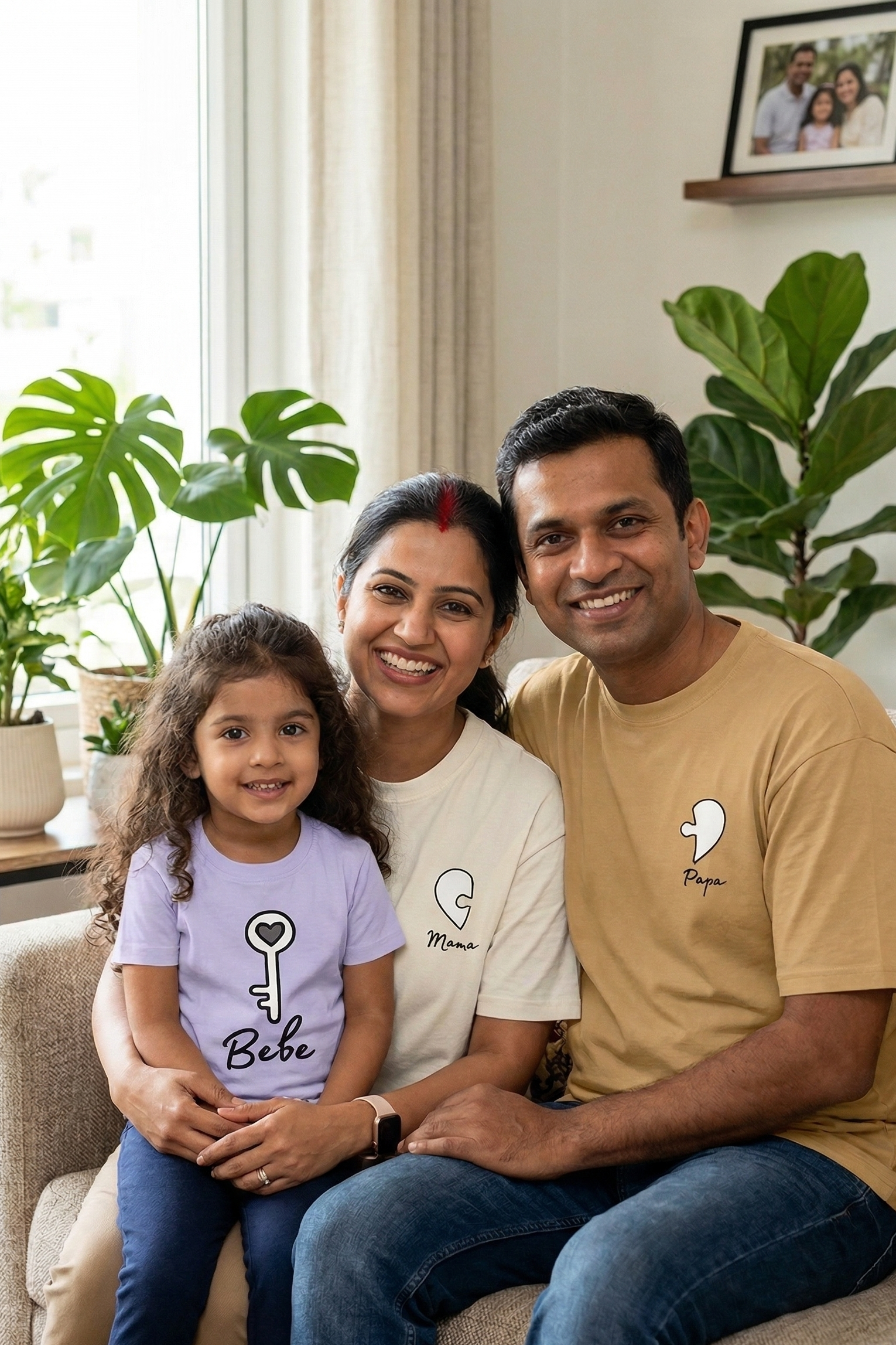 Family of three sitting on a couch in a living room with plants and family photos in the background.