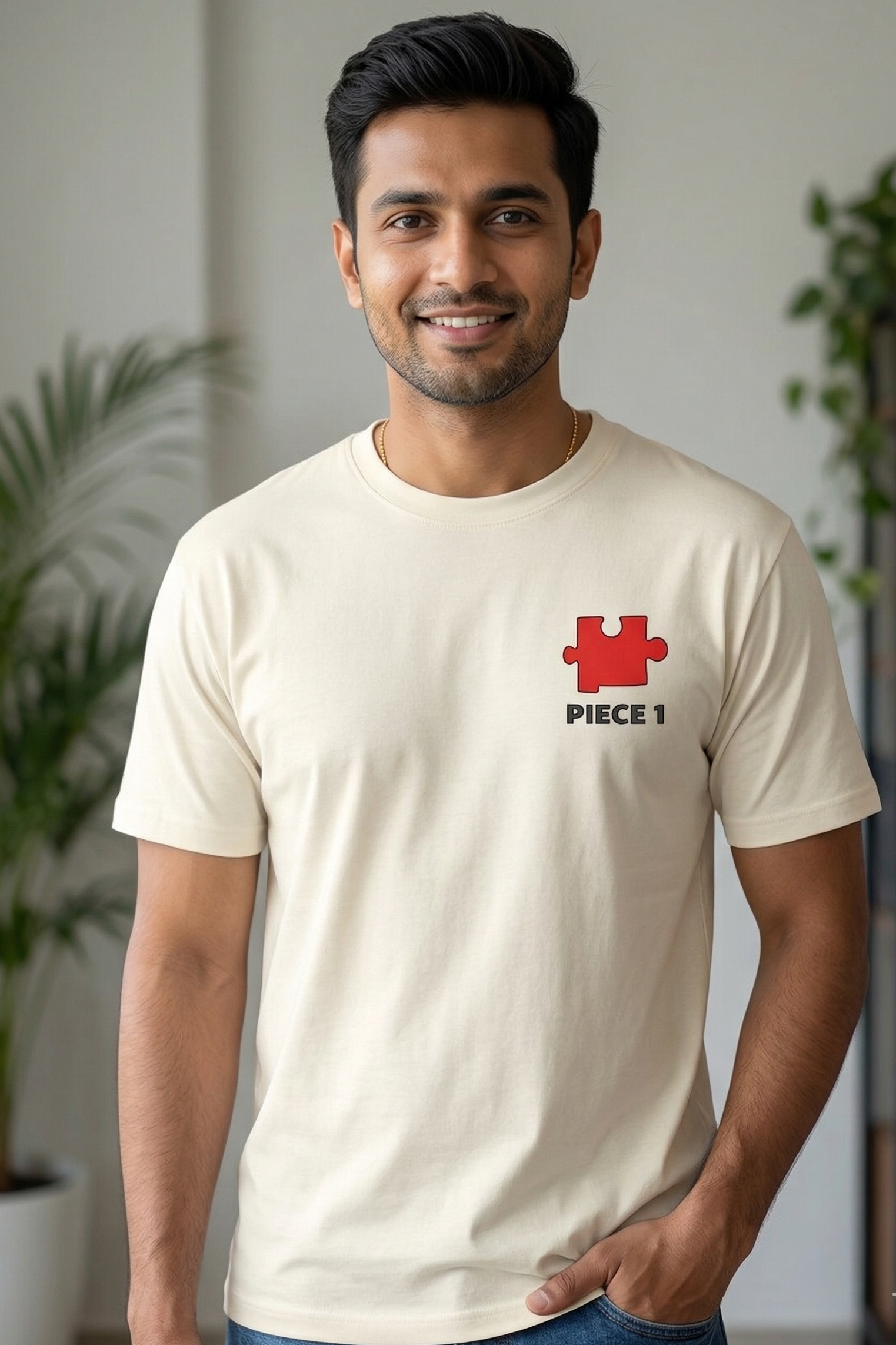 Man wearing a beige t-shirt with a red and black graphic design, standing indoors.