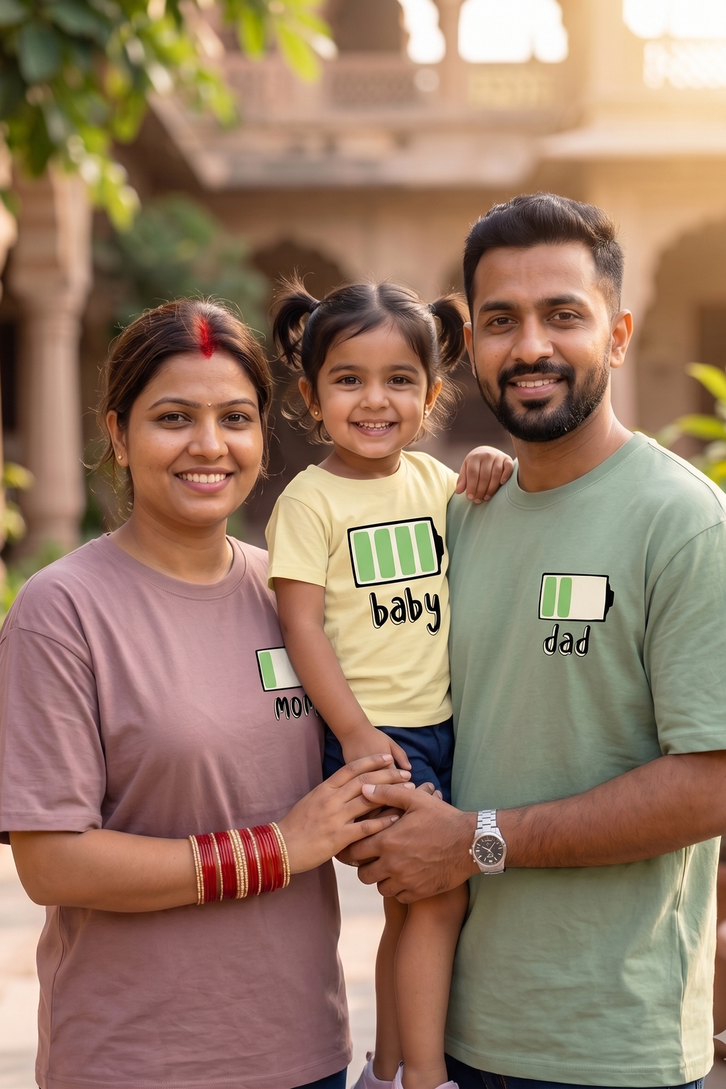 Family of three wearing matching shirts with battery icons outdoors.