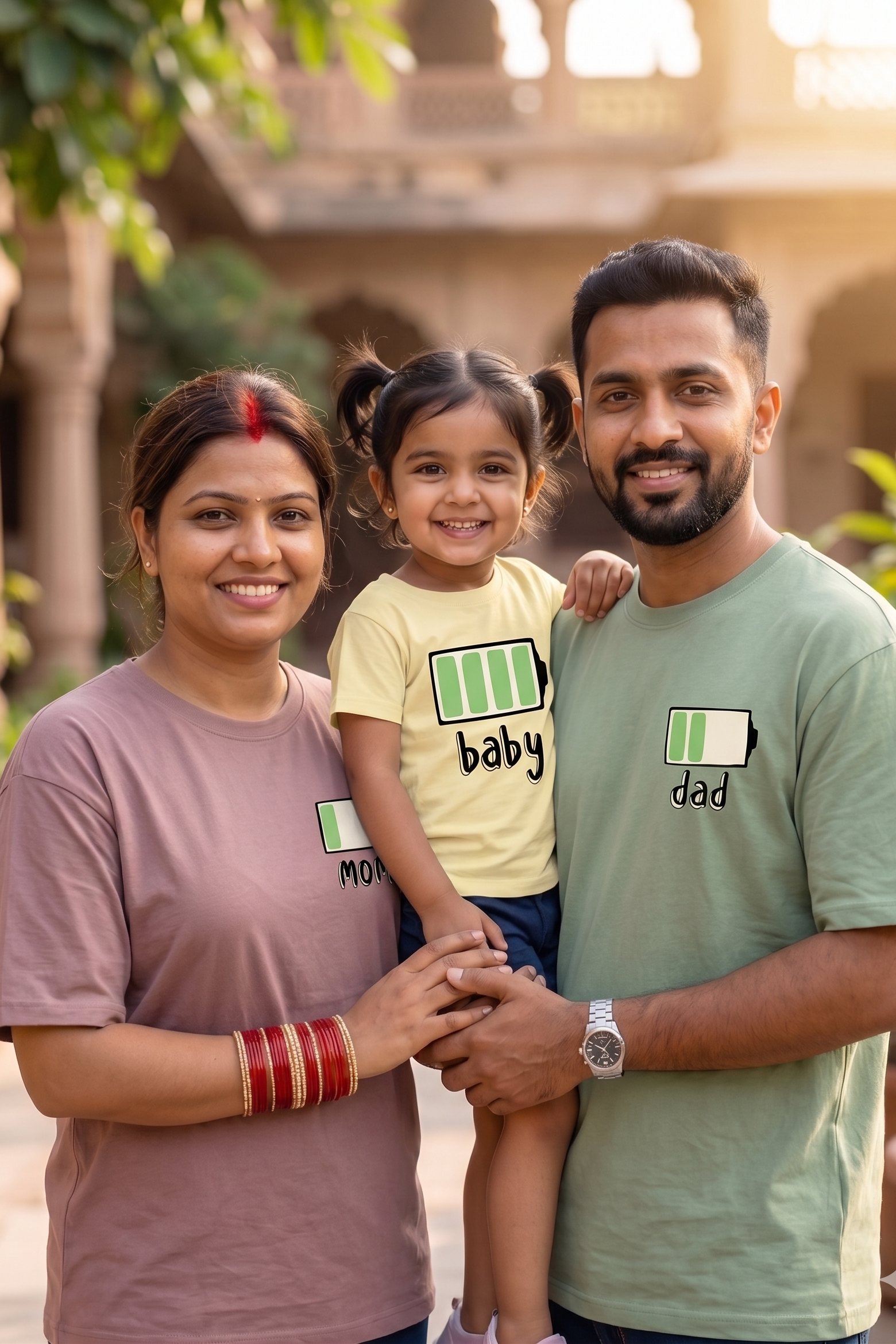 Family of three wearing matching shirts with battery icons outdoors.