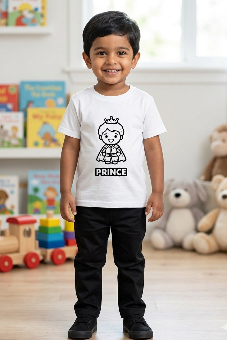 Child wearing a white t-shirt with 'PRINCE' and a cartoon character design, standing in a room with books and toys.