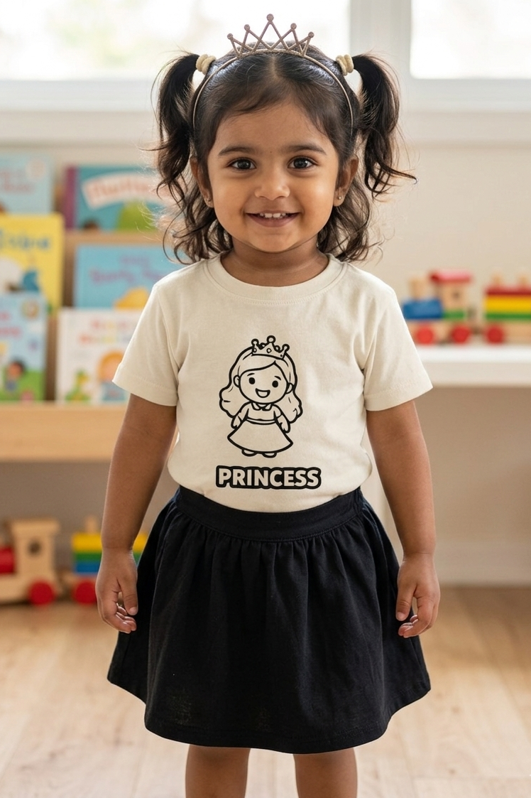 Child wearing a 'PRINCESS' t-shirt with a tiara in a classroom setting