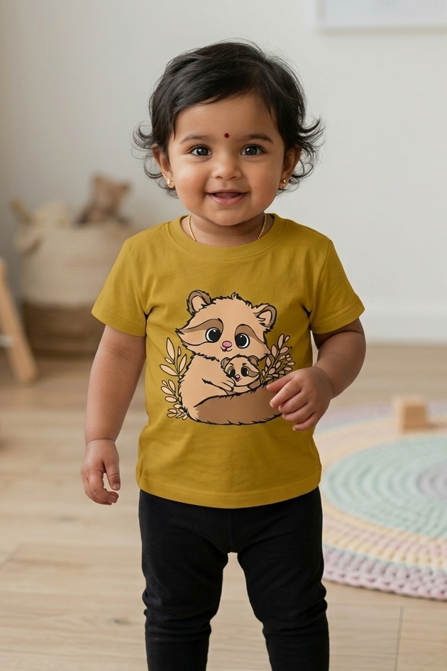 Child wearing a mustard yellow t-shirt with a squirrel graphic design in a room with wooden toys and a rug.