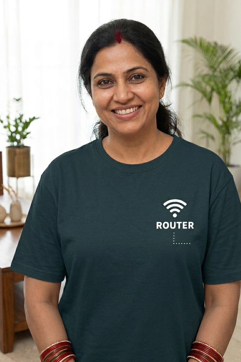 Woman wearing a t-shirt with 'ROUTER' logo in a home setting