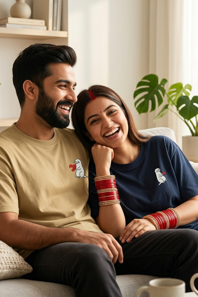 Couple sitting on a couch in a cozy living room, smiling and laughing wearing matching graphic t-shirt
