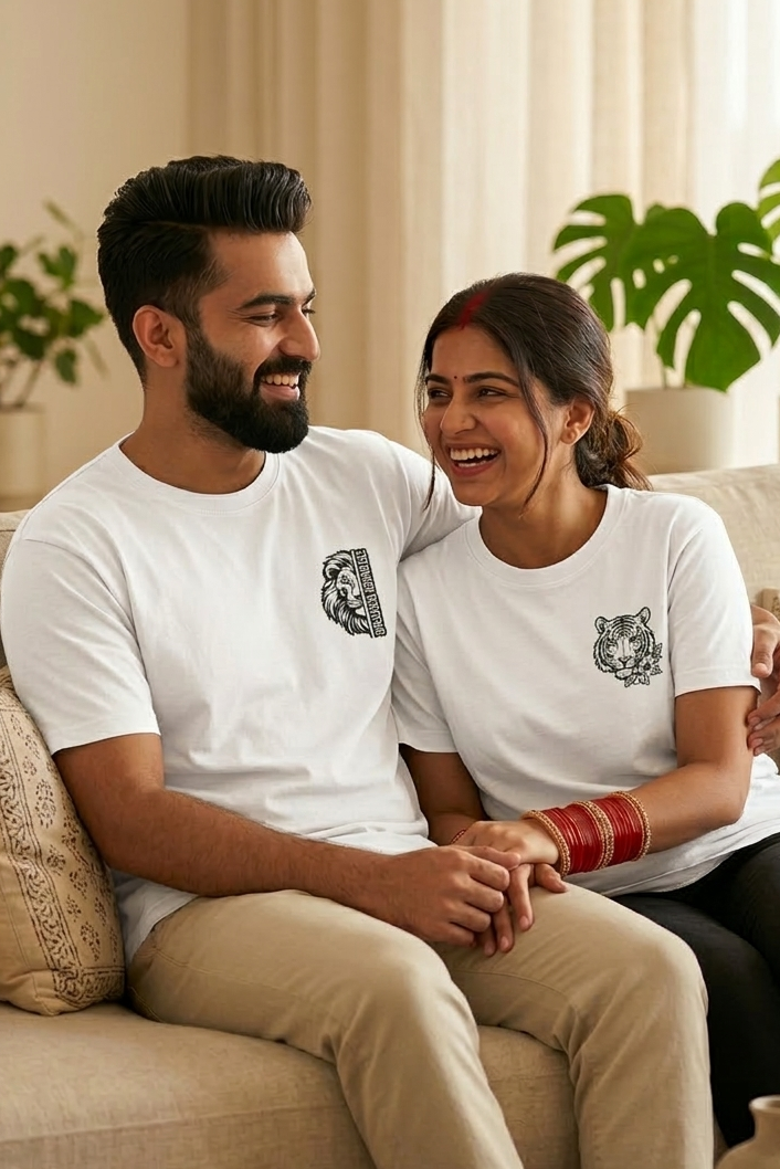 Man and woman sitting on a couch wearing matching white t-shirts with a tiger logo, surrounded by plants.