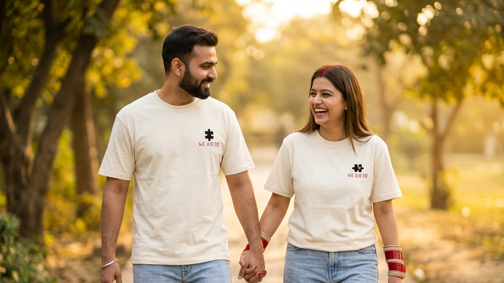 Couple holding hands and smiling in a park setting wearing matching tops