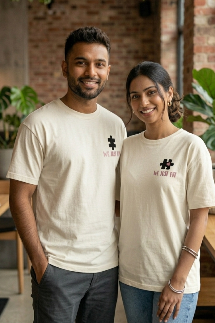 Two people wearing matching white t-shirts with a logo in an indoor setting with plants and a brick wall.