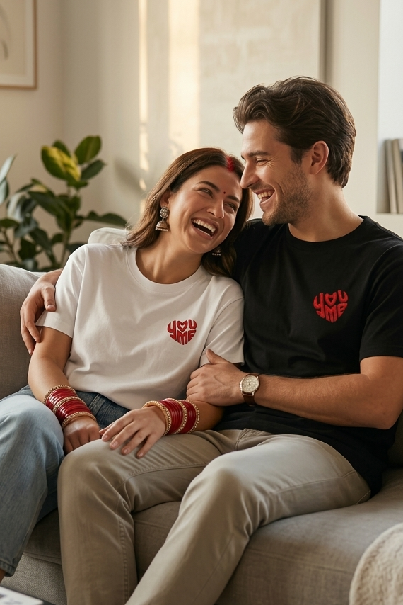 Couple sitting on a couch in a modern living room, both wearing branded matching t-shirts.